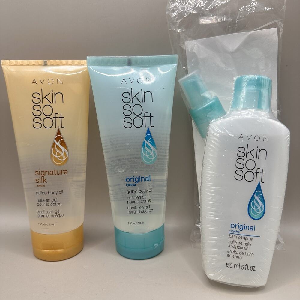 Lot of 2- Avon Skin So Soft GELLED BODY OIL Original & Silk + 1 Bath Oil Spray